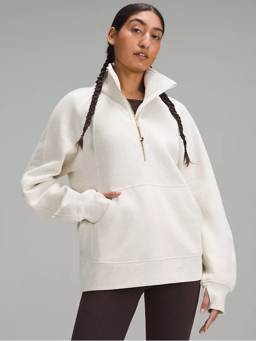 Lululemon Scuba Oversized Funnel-Neck Half Zip Long - Hthr Bone/Gold, Size XS/S